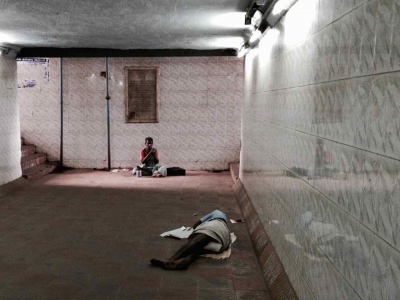 Homeless subway life.